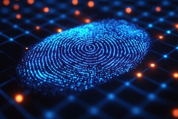 Glowing blue digital fingerprint made of dots over dark grid with orange light points symbolizing biometric technology and security
