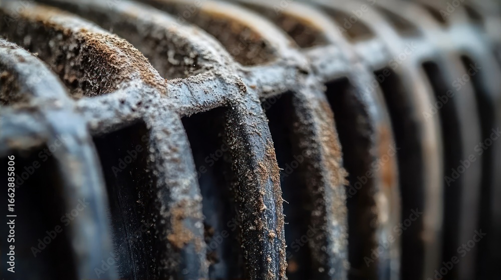 Aufkleber close-up of a dusty and rusted metal radiator with textured surfaces and a shallow depth of field ev