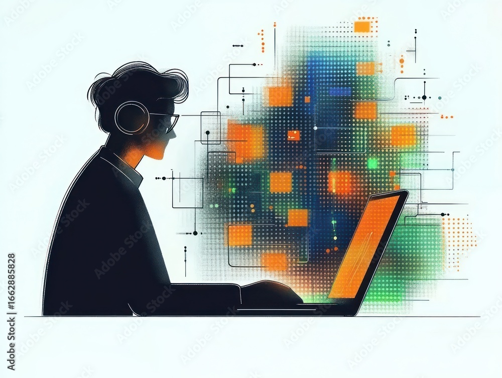 Fototapete silhouette of a person wearing headphones working on a laptop surrounded by abstract colorful digita