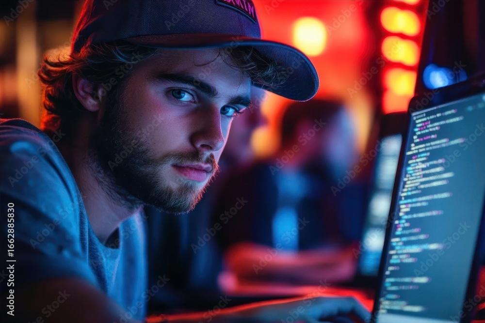 Poster young man wearing a cap focused on coding on a computer in a dimly lit room with colorful ambient li