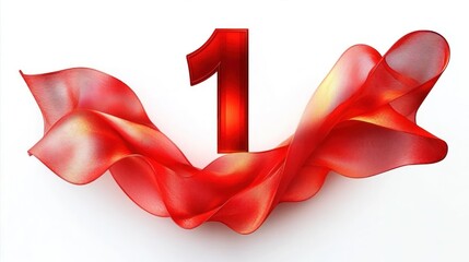 Shiny red number one surrounded by flowing translucent red fabric on a white background symbolizing elegance and celebration