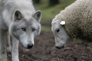 Obraz premium White wolf facing sheep in forest, Predator meets prey, Concept image of trust and danger