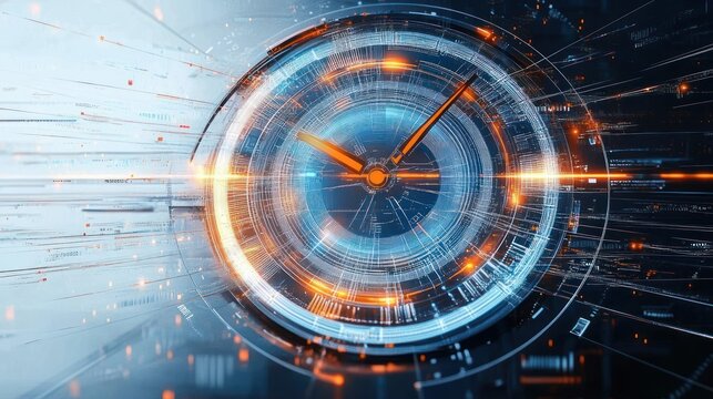 Futuristic digital clock face with glowing orange and blue circuit-like elements depicting advanced technology and time concept