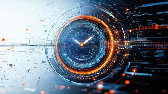 Abstract futuristic digital clock interface with glowing blue and orange circular data patterns and high-tech technological elements
