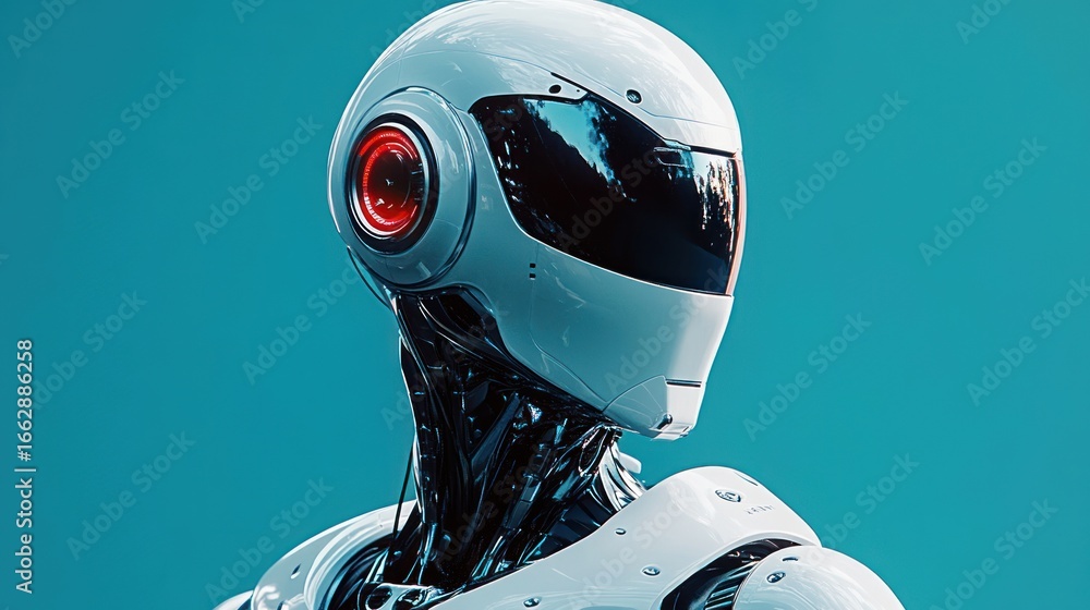 Poster close-up of a sleek white futuristic robot with a red illuminated circular eye and glossy black viso