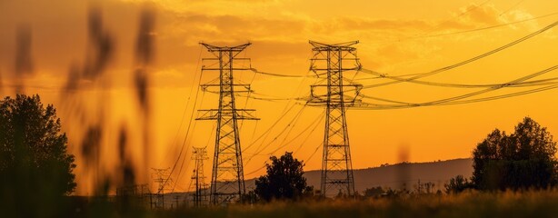 The majestic powerlines silhouetted against a beautiful sunset backdrop.