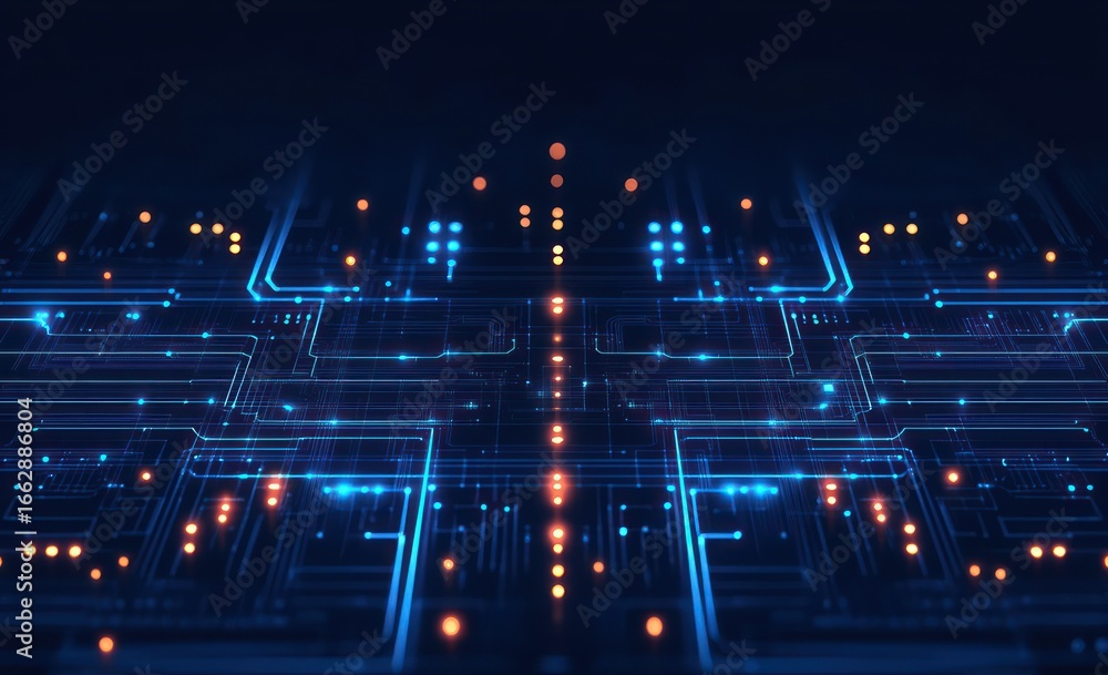 Poster abstract digital circuit board with glowing blue and orange lights forming intricate technological p