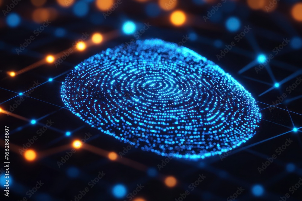 Poster glowing blue digital fingerprint formed by a network of illuminated dots and lines on a dark backgro