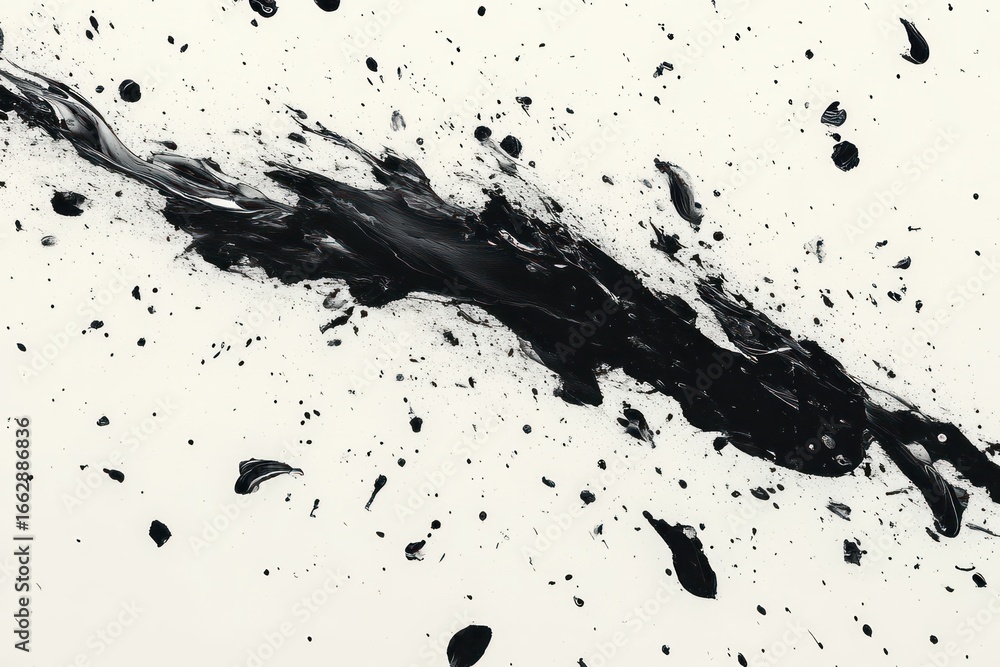 Poster abstract image of black paint splattered and streaked diagonally across a light background creating 