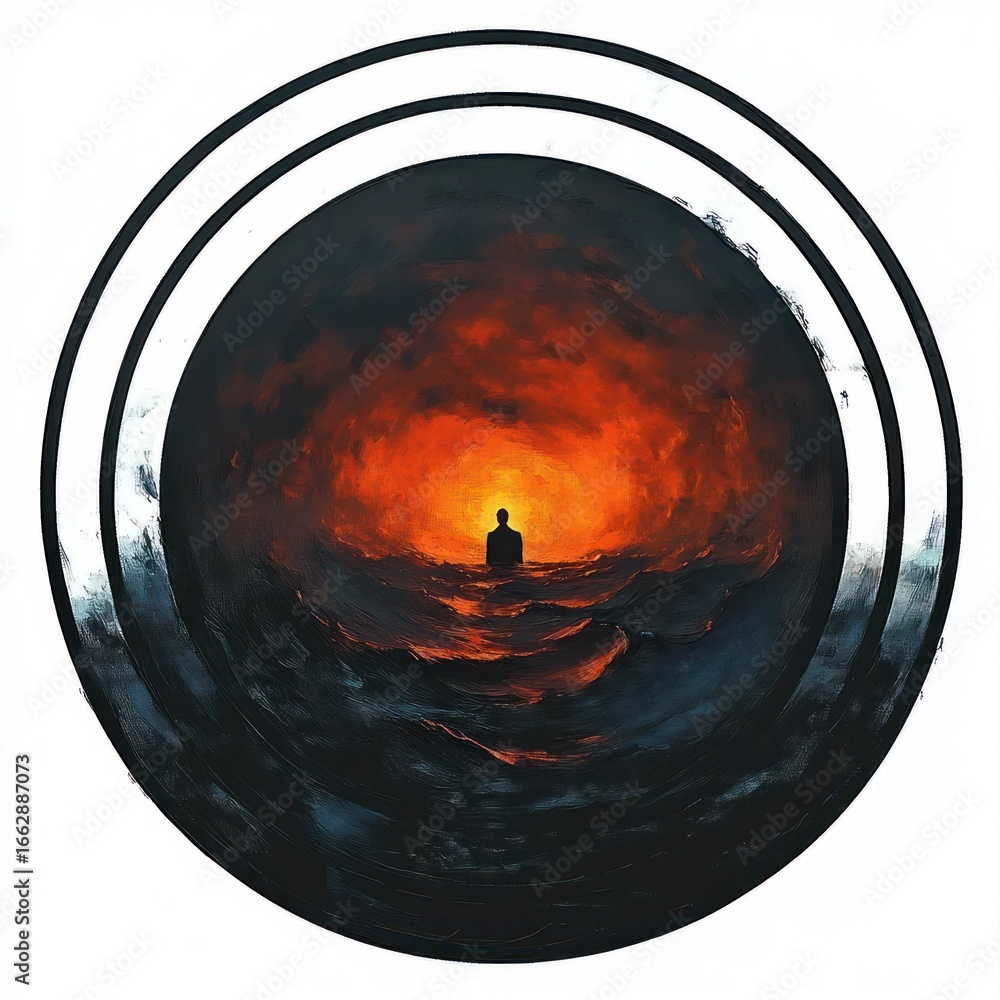 Aufkleber silhouette of a person sitting in a meditative position surrounded by dark swirling waves with a glo