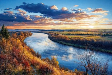 Fototapeta premium Serene river winding through autumnal landscape with golden foliage under a vibrant sunset sky filled with dramatic clouds