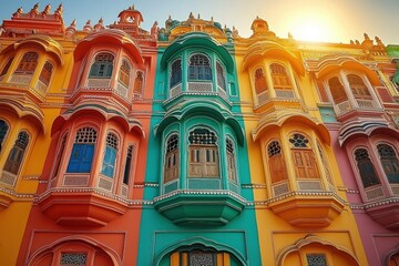 Fototapeta premium Colorful historic building facade with ornate windows and balconies bathed in warm sunlight under clear sky