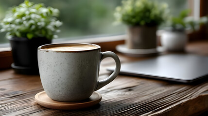 Minimalist Workspace with Laptop and Coffee Mug by Window