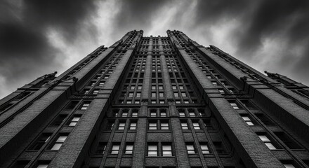 Majestic skyscraper piercing the dramatic sky viewed from below