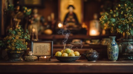 Burning incense and fruit offerings at traditional japanese home shrine during obon festival