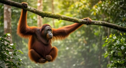 Naklejka premium Orangutan hanging from a tree branch in a lush green forest with sunlight filtering through the leaves