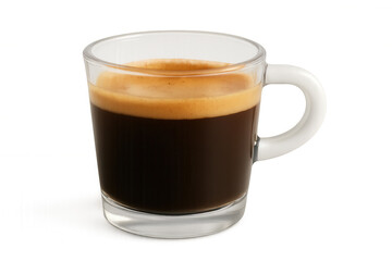 Glass cup holding freshly brewed espresso, dense golden crema crowning dark roast coffee against clean transparent surface