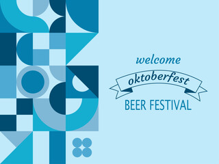Abstract geometric background oktoberfest. Blue triangles, circles and squares on blue background. Vector illustration. Horizontal banner for sale and discount. Rectangular flyer for party.