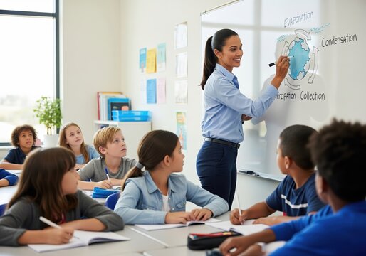 Female educator teaching a science lesson to a diverse group of young students in a classroom