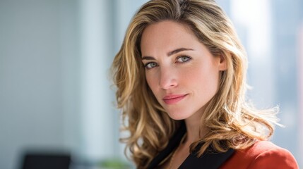 Fototapeta premium Description: A beautiful businesswoman is looking confidently at the camera with a neutral expression. The image conveys professionalism, leadership, and corporate success.