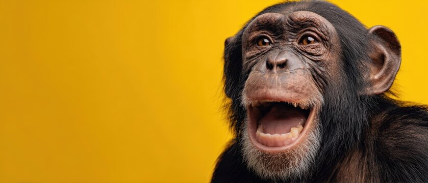 The cheerful monkey displaying a vibrant smile against a yellow background.