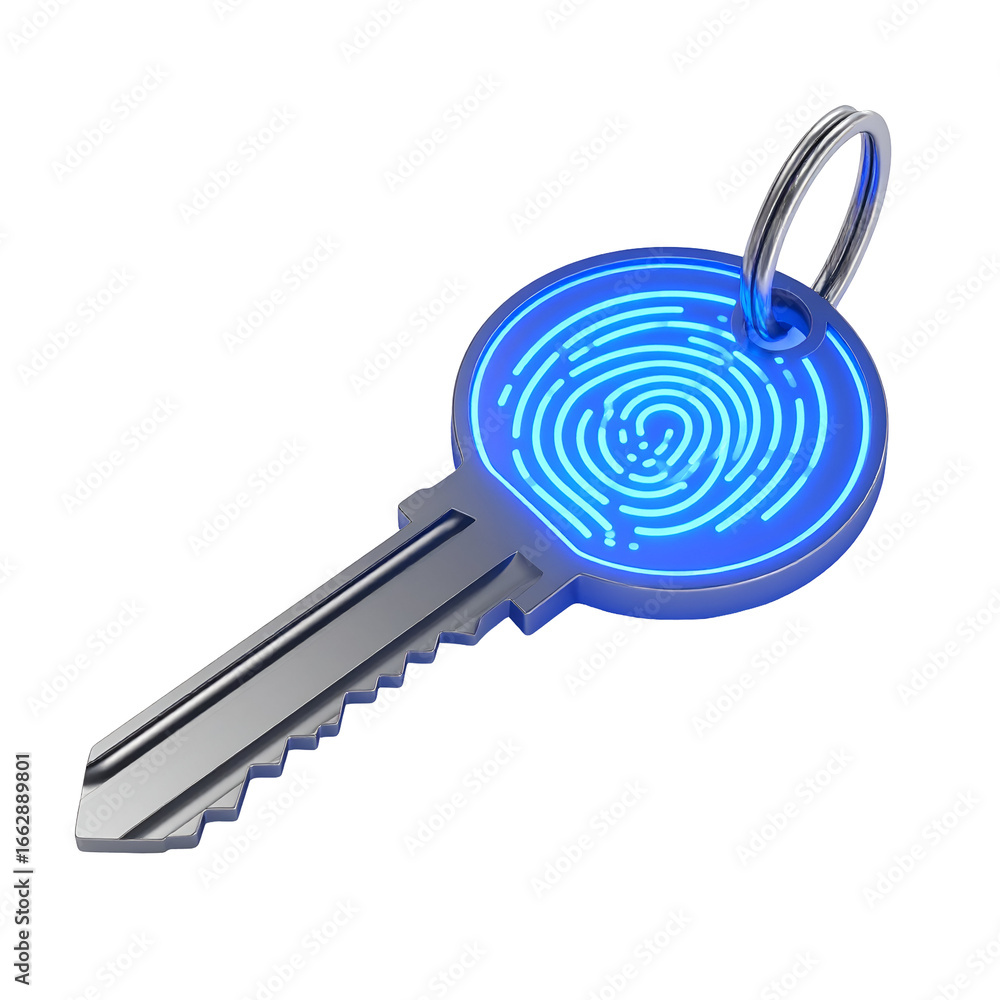 Poster modern key with glowing blue fingerprint scanner for secure access