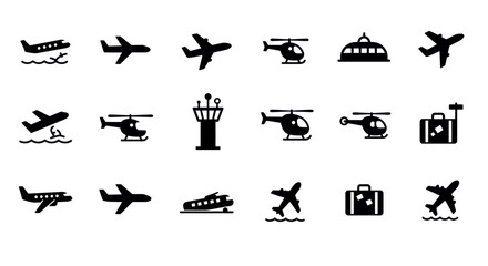 Black Aviation Icons: Airplanes, Helicopters, Control Tower, and Luggage