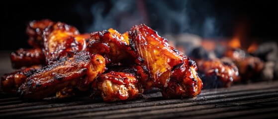 The enticing barbecue chicken wings stacked on a rustic grill surface.