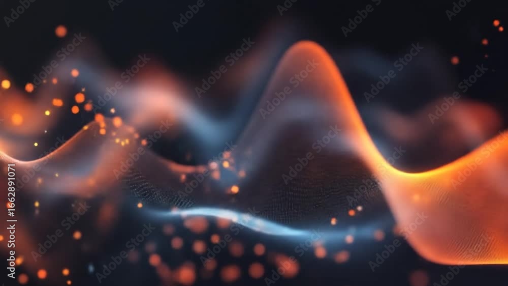 Aufkleber abstract waveform with orange and blue light particles, digital background loop