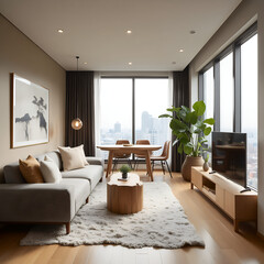 Fototapeta premium Scandinavian interior design of modern living room in Tokyo apartment