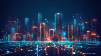 Futuristic city skyline with glowing lines and geometric patterns