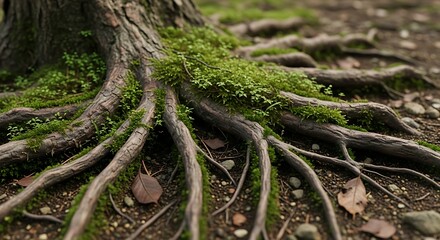 Intricate Root System of a Forest Tree Bathed in Light with Moss Detail
