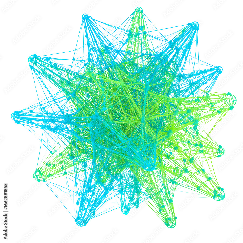 Poster intricate network of nodes and lines forming a vibrant, abstract starburst pattern