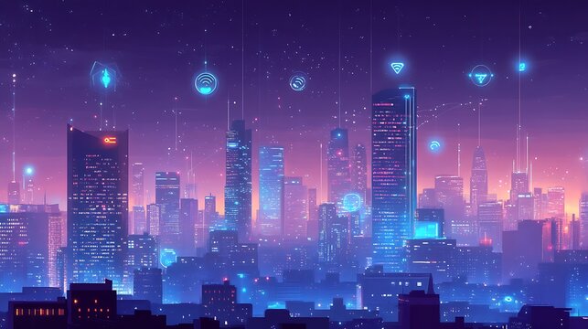 Futuristic cityscape with glowing icons and purple sky at night