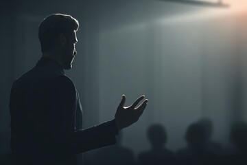Dynamic business presentation by confident speaker in suit engaging an attentive audience in corporate conference setting with moody, dramatic lighting backdrop