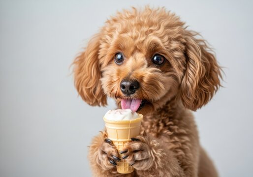 Cute photo of a toy poodle licking ice cream/トイプードルがアイスクリームを舐める可愛い写真