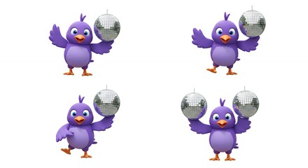 Cartoon bird holding silver ball four poses 3 d illustration