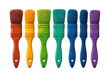Seven paintbrushes with different colors creating a rainbow effect are arranged on a transparent background, adding a pop of color