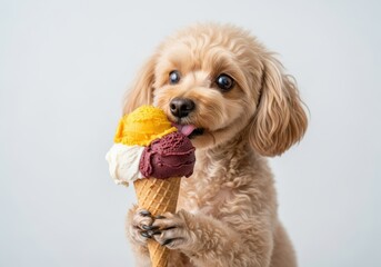 Cute photo of a toy poodle licking ice cream/トイプードルがアイスクリームを舐める可愛い写真