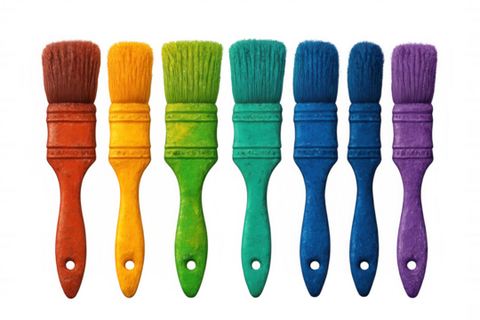 Seven paintbrushes with different colors creating a rainbow effect are arranged on a transparent background, adding a pop of color - Powered by Adobe