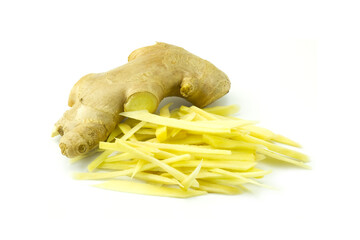 Fresh ginger root with skin and peel sliced isolated on white background close up stack 
