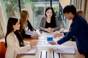 Professional business meeting with colleagues discussing contracts, teamwork, innovation, and cooperation, featuring handshake, communication, diversity, leadership, and success.