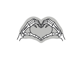 Spooky skeletons spell love with bone hands,  Ghoulish skeleton hands form a heart symbol, casting an eerie shadow on the white backdrop