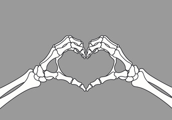 Skeleton hands forming a heart shape on gray background, Bony fingers creating a romantic gesture for Halloween