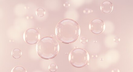 Floating translucent bubbles in a soft pink background, creating an ethereal and dreamy atmosphere.