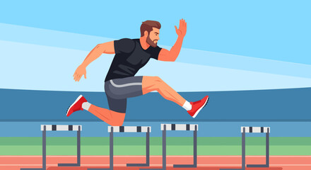 Athletic man jumping over hurdles on a race track during a sports competition