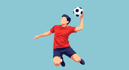 Obraz premium Dynamic illustration of a soccer player in mid-air, wearing a red t-shirt and blue shorts, holding a soccer ball above