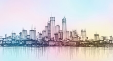 Fototapeta premium Colorful Cityscape Sketch With Pastel Background
