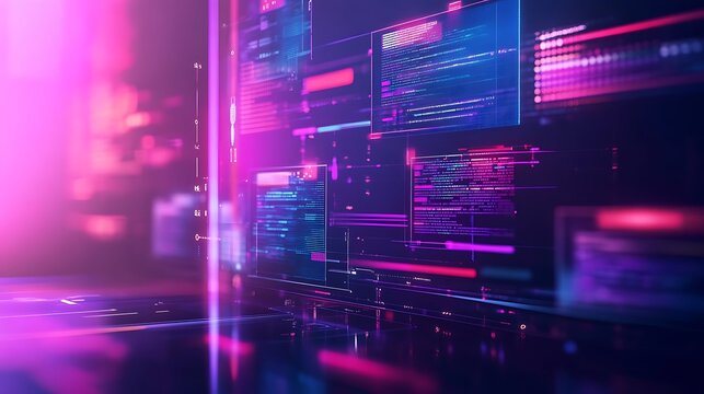 Abstract digital interface with code windows and pink blue lights - Powered by Adobe