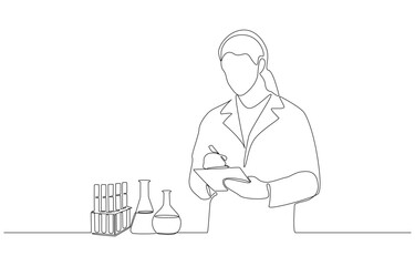 Continuous one line drawing of scientist taking notes in lab coat, symbolizing research, innovation, and scientific discovery, single line art